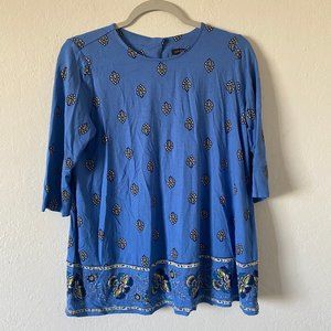 J Jill Womens Blouse Floral Blue Top Size Small Petite Casual 3/4 Sleeve Shirt